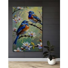 Petmudo AVM Mavi Kanatlı Kuşlar ve Bahar Çiçekleri Yağlı Boya Görünümlü Dekoratif Ahşap Ev,antre,salon Tablo
