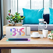 Etashop Rgb Projeksiyonlu Çalar Saat -7AYNA LED Dijital Saat Tavana Zaman Yansıtma USB & Type C Şarj Rgb Atmosfer Gece Lambası Beyaz