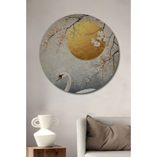 Petmudo AVM Altın Ay Güneşli Kuğu Yağlı Boya Görünümlü Ahşap Dekoratif Tablo Yuvarlak Duvar Tablosu