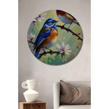 Petmudo AVM Mavi Kanatlı Kuşlar ve Bahar Çiçekleri Yağlı Boya Görünümlü Ahşap Tablo Yuvarlak Duvar Tablosu