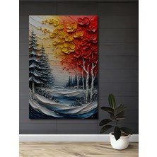 Petmudo AVM Alev Çiçekleri ve Kar Ağaçları Yağlı Boya Görünümlü Ahşap Dekoratif Ev,antre,salon,ofis Tablo