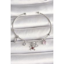 Pirinç Gümüş Renk Kadın Bileklik Sallantı Ayıcık Figür Zirkon Taşlı Kırmızı Taş Detay