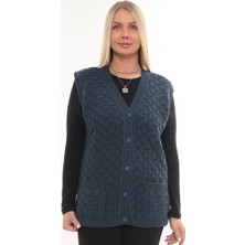 İKSUN Kadın V Yaka Kalın Yün Baklava Model Triko Düğmeli Cepli Kışlık Anne Yelek