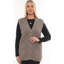 İKSUN Kadın V Yaka Kalın Yün Baklava Model Triko Düğmeli Cepli Kışlık Anne Yelek