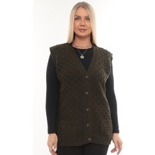 İKSUN Kadın V Yaka Kalın Yün Baklava Model Triko Düğmeli Cepli Kışlık Anne Yelek