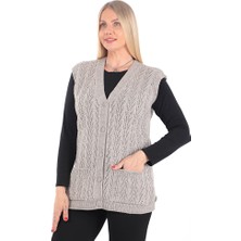 İKSUN Kadın V Yaka Kalın Yün Kaz Ayağı Modelli Triko Düğmeli Cepli Anne Yelek