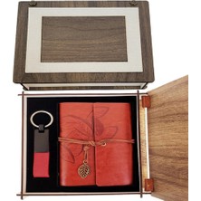Bilfold Özel Ahşap Kutulu Kiremit Rengi Deri Defter ve Anahtarlık Set