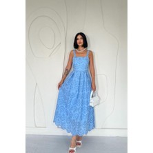 Livizmir Moda Mavi Askılı Aparatlı Brode Elbise