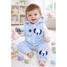 %100 PAMUK 3 PARÇALI KAPÜŞONLU FİL FİGÜRLÜ  ERKEK BEBEK YELEK TAKIM-BEBE MAVİSİ