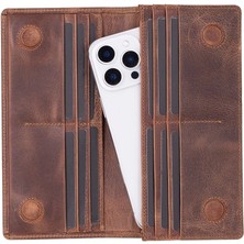 Bilfold Aura Hakiki Deri, El Yapımı, Telefon Bölmeli, Kadın Cüzdanı, Antik Kahve