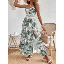Livizmir Moda Kadın Ip Askılı V Yakalı Bel Güpür Çiçek Desenli Yandan Yırtmaçlı Maksi Süprem Elbise