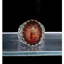 Yıldırım Sembollü Kırmızı Taşlı 925 Ayar Gümüş Erkek Yüzük – Bakır Ton Çerçeveli