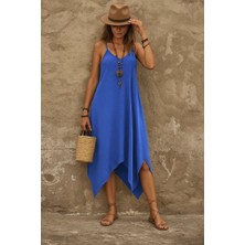 Livizmir Moda Kadın Askılı V Yakalı Cep Detaylı Asimetrik Kesim Viskon Elbise