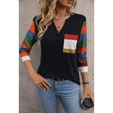Livizmir Moda Kadın Uzun Kollu V Yakalı Cepli Çok Renkli Viskon Bluz