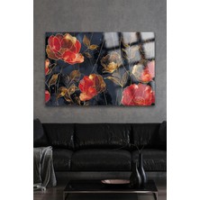 Petmudo AVM Gold Detaylı Kırmızı Renk Çiçek Ultra Yüksek Çözünürlük Kare Cam Tablo Ev Hediyesi Tablo