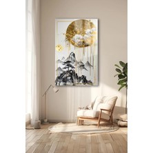 Petmudo AVM Gold Detaylarla Dolu Beyaz Dikey Oturma Odası Tablosu Ev Hediyesi Kırılmaz Lüks Modern Cam Tablo