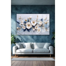 Petmudo AVM Mermer Üzerinde Beyaz Mavi Yapraklı Çiçek Lüks Kırılmaz Cam Tablo Ev Hediyesi Tablo