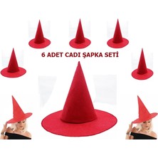 Dekofon Kırmızı Renk Keçe Cadı Şapkası Yetişkin Çocuk Uyumlu 6 Adet