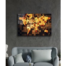 Petmudo AVM Ahşap Desenli Soyut Dünya Haritası Cam Tablo, Darbelere Dayanıklı Kırılmaz Temperli