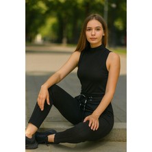 Elze Moda Kadın Siyah Önden Bağlamalı Normal Bel Toparlayıcı Spor Tayt