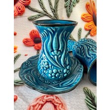 Mugusa Hediyelik El Yapımı Çini Seramik Kabartma Desenli 6'lı Firuze / Mavi Çay Bardağı Seti