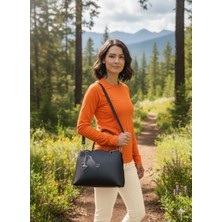 Mefehe Zarif Siyah Suni Deri Full Astarlı Iki Bölmeli El ve Omuz Çantası