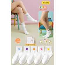 Color Socks 5 Çift Beyaz Renkli Kalp Desenli Kadın Çorap (Extra Soft)