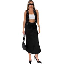 Kechi Woman Süet Kumaş Siyah Yırtmaçlı Uzun Etek