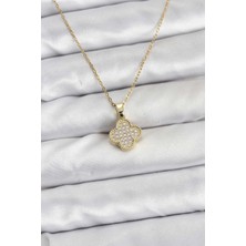 BYZM 316L Çelik Zincir Gold Renk Zirkon Taşlı Yonca Model Kadın Kolye