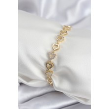 Nehir Pirinç Vıp Seri Gold Renk Sıralı Kalp Model Kadın Bileklik