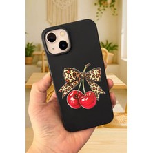 Vip Case iPhone 14 Plus ve 15 Plus Uyumlu Kiraz Leopar Fiyonk Desenli Silikon Darbe Emici Rubber Kılıf