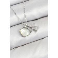 Nehir Pirinç Zirkon Taşlı Istiridye ve Deniz Yıldızı Model Gümüş Renk Kadın Kolye