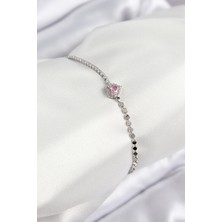 Nehir Pirinç Zirkon Taşlı Kalp Model Ezme Zincir Gümüş Renk Kadın Bileklik