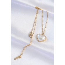 İlk El Grup 316L Çelik Zincir Gold Renk Beyaz Taşlı Bubble Kalp Kolye