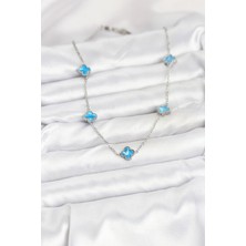 İlk El Grup 316L Çelik Zincir Gümüş Renk Buz Mavisi Baby Boy Yonca Kadın Kolye