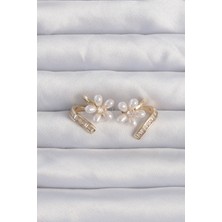 İlk El Grup Pirinç Gold Renk Zirkon Taşlı Kıvrımlı Inci Çiçek Küpe