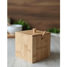 Skygo Bambu,kapaklı Kaşıklı 12X12 Çok Amaçlı Baharat ve Tuzluk Kutusu – Kitchen Yazılı
