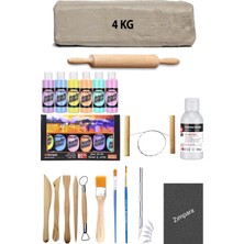 Beyaz Seramik Hamuru 4 kg Kil Ebeşuar Seti Mastermix Pastel Akrilik Vernik Ahşap Merdane Kretuar Set