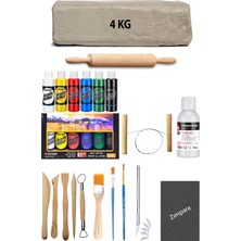 Beyaz Seramik Hamuru 4 kg Kil Ebeşuar Seti Mastermix Akrilik Set Vernik Ahşap Merdane Kretuar Seti