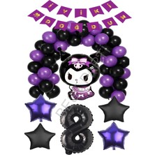 Best Parti Best Kuromi Iyiki Doğdun Yazılı Rakam Yıldız Folyo ve Latex Balon Seti Yaş-8