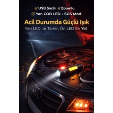 USB Şarjlı Zoomlu Mini El Feneri Q5 Güçlü Işık Yan Cob LED Sos Mod Kutulu Acil Durum Işığı