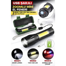 USB Şarjlı Zoomlu Mini El Feneri 3 Mod Yan Cob LED Çakar Q5 Güçlü Işık Kutulu