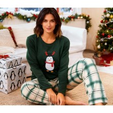 NiCe İç Giyim Yeşil Penguen Baskılı Ekose Bayan Polar Pijama Takım