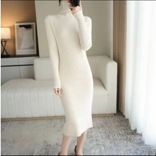 Mevese Premium Boğazlı Uzun Fitilli Triko Dokuma Elbise - Beyaz