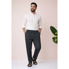 Üstün Online Hacı ve Umre Için Günlükte Şık Kesim Rahat Kalıp Erkek Şalvar Pantolon Çizgili Koyu Füme