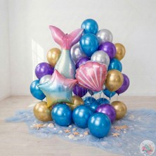 Joyane Denizkızı Balon Seti 35’li | Mor Mavi Gümüş Altın Metalik Folyo Kuyruk Yıldız Istiridye