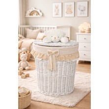 Dekorasyaa Oval Hasır Figürlü Kapaklı Oyuncak Sepeti Seti - Organizer -Bej-Çamaşır Sepeti - 55X50CM