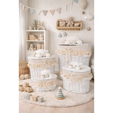 Dekorasyaa 4'lü Oval Hasır Figürlü Kapaklı Oyuncak Sepeti Seti - Organizer - Bej - Çamaşır Sepeti