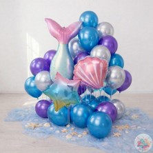 Joyane Denizkızı Balon Seti 28’li | Mor Mavi Gümüş Metalik Folyo Kuyruk Yıldız Istiridye