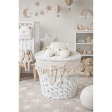 Dekorasyaa Oval Hasır Figürlü Kapaklı Oyuncak Sepeti Seti - Organizer -Bej-Çamaşır Sepeti - 40X28CM